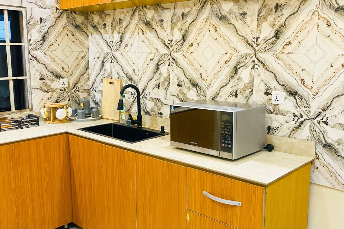 kitchen view with microwave